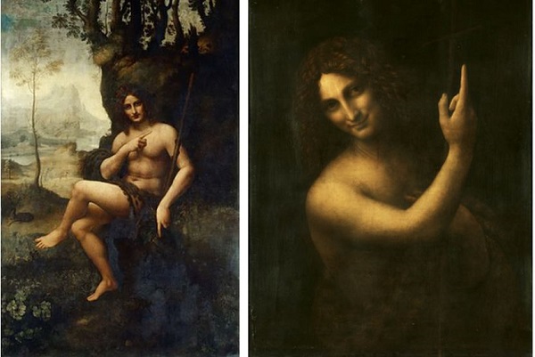 左图：达·芬奇工作室《巴克斯》（1510-1515年，木板油画，177 × 115 cm，法国巴黎卢浮宫博物馆）；右图：达·芬奇《施洗者圣约翰》（1513-1516年，木板油画，57 × 69 cm，法国巴黎卢浮宫博物馆）.jpeg