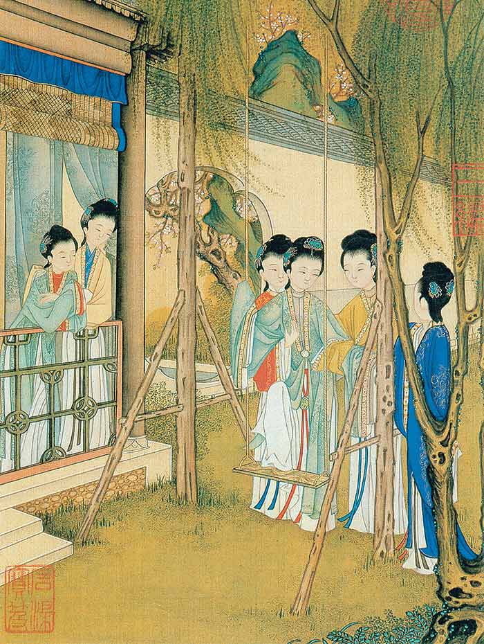 （清）焦秉贞《仕女图册（八开）——柳院秋千》.jpg