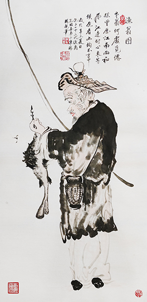 《渔翁图》老翁何处觅仙踪，曾历江南雨和风。江边耐心来等侯，愿者上钩不言中。规格100cmx50cm,2021年.jpg