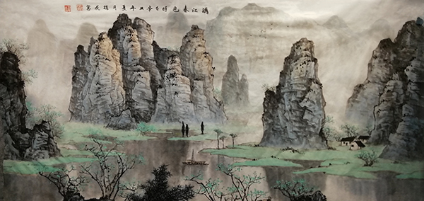 赵花书画作品《漓江春色》136cmX68cm.jpg