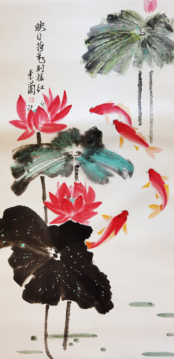 解素兰国画作品《映曰荷花别样红》规格：136cmx68cm创作年代：60cmx40cm.jpg