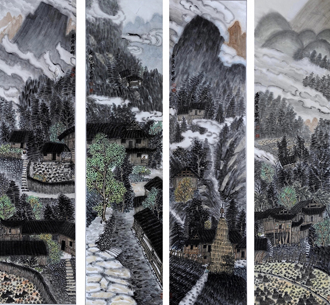 《山水四条屏》，尺寸：33x136厘米，年代2013年.jpg